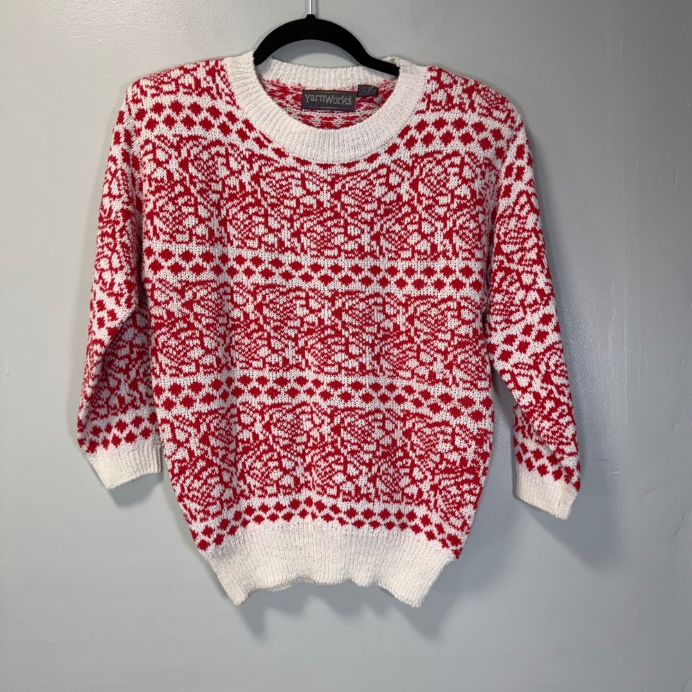 Vintage YarnWorks Red White Nordic Floral Knit Sweater Medium NWT